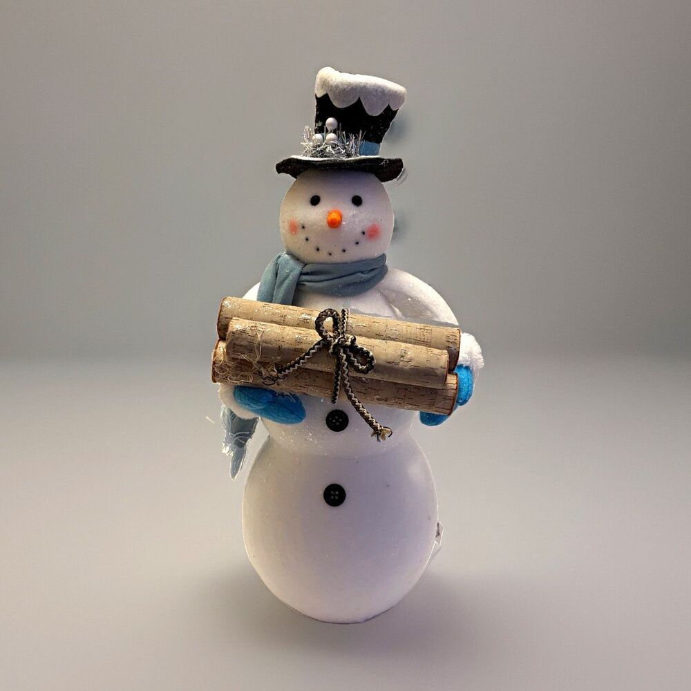 Mr. Snowman 19 inch Christmas Figurine Blue Scarf Black Top Hat Holding Logs